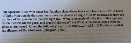 An aquarium filled with water has flat glass sides whose index of refraction is 1.52. A beam of light from outside the aquari