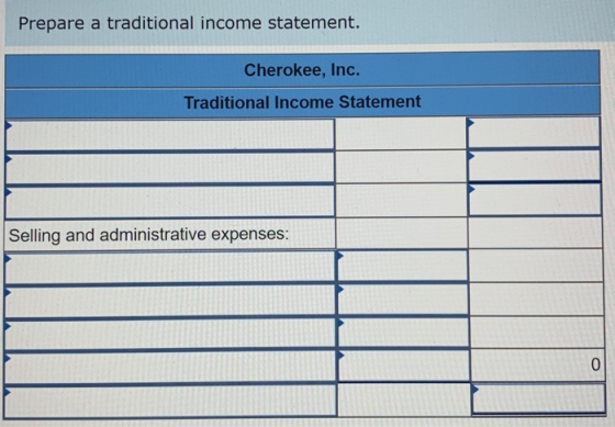 Prepare a traditional income statement. Cherokee, Inc. Traditional Income Statement Selling and administrative expenses:
