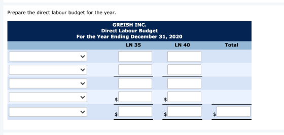 Prepare the direct labour budget for the year. GREISH INC. Direct Labour Budget For the Year Ending December 31, 2020 LN 35 L