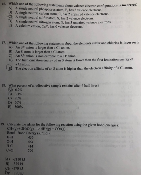 16. Which one of the following statements about valence electron c Tollowing statements about valence electron configurations