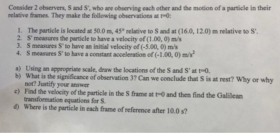 Consider 2 observers, S and S, who are observing each other and the motion of a particle in their relative frames. They make
