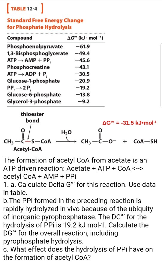 TABLE 12-4 Standard Free Energy Change for Phosphate Hydrolysis Compound AGⓇ (kJ. mol-) Phosphoenolpyruvate -61.9 1,3-Bisph