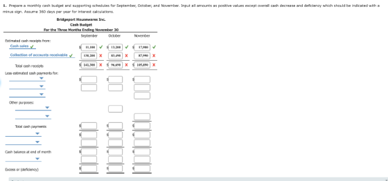 1. Prepare a monthly cash budget and supporting schedules for September, October, and November. Input all amounts as positive