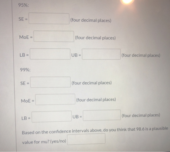 95%: SE = (four decimal places) MoE = (four decimal places) LB = UB= (four decimal places) 99%: SE = (four decimal places) Mo