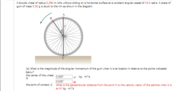 A bicycle wheel of radius 0.290 m rolls without sliding on a horizontal surface at a constant angular speed of 15.0 rad/s. A