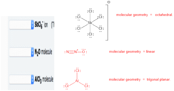 molecuiar geomety = octahedra. SBCI son N0moleale :NN molscular geamsty = [fnear molscuiar geomsby = trigonal planar. Cl: с
