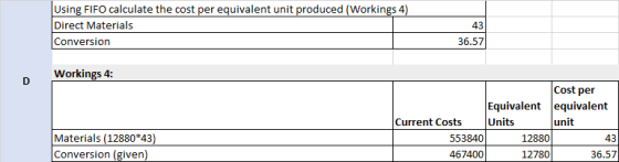 Using FIFO calculate the cost per equivalent unit produced (Workings 4) Direct Materials Conversion 43 36.57 Workings 4: Cost