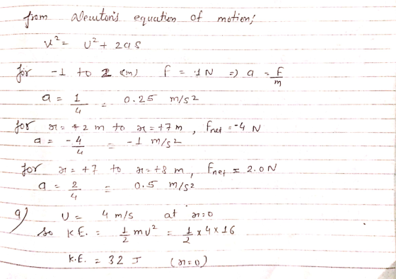 from Bentons equation of motien, w? = U²+ zas for it to a em f = IN 2) a = € I 0.25 m/s2 4 for r2 #zm to r = +7m, fnet = -4