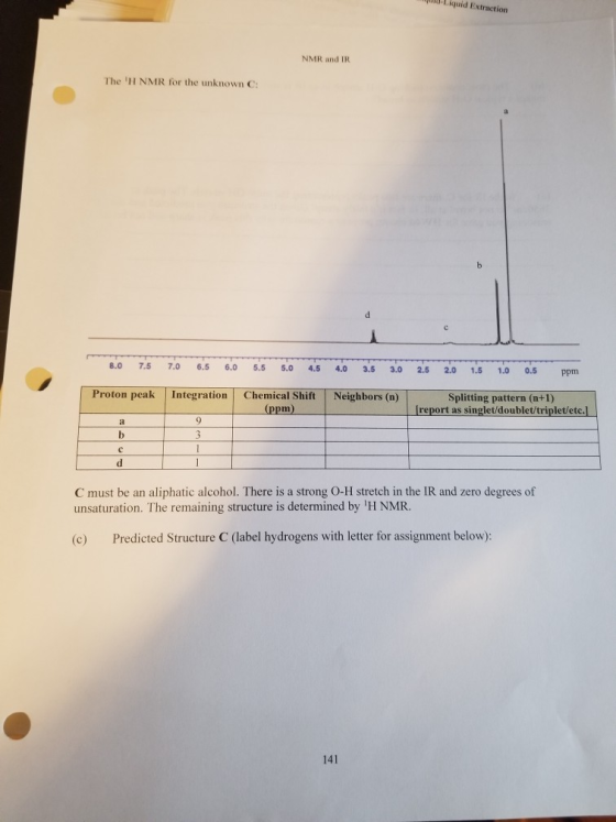 Liquid Extraction NMR and IR The H NMR for the unknown C: 8.0 7.5 7.0 6.5 6.0 5.5 5.0 4.5 4.0 3.5 3.0 2.5 2.0 1.5 1.0 0.5 pp