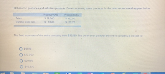 Hitchens Inc. produces and sells two products. Data concerning those products for the most recent month appear below: Sales V