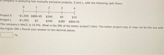 company is analyzing two mutually exclusive projects, S and L, with the following cash flows: 0 1 2 3 4 Project S - $1,000 $8