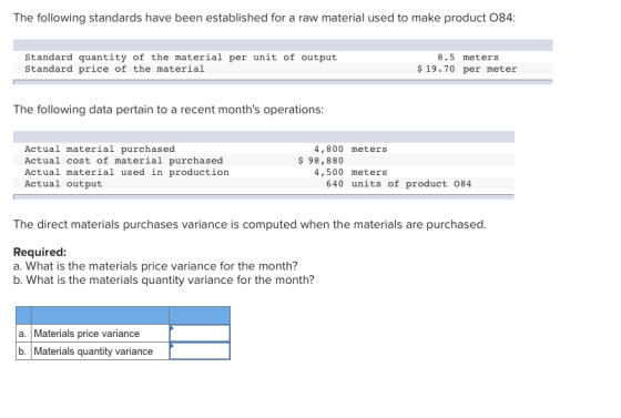 The following standards have been established for a raw material used to make product 084 Standard quantity of the material p