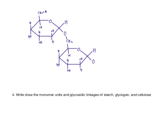 chool H al 0 Ho on h H ol 0 Ho on 4. Write draw the monomer units and glycosidic linkages of starch, glycogen, and cellulose