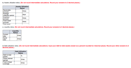 b. Assets utilization ratios. (Do not round intermediate calculations. Round your answers to 2 decimal places.) Assets Utilization Ratios Receivable turnover Average collection Inventory turnover Fixed asset turnover Total asset imes days imes imes c. Liquidity ratios. (Do not round intermediate calculations. Round your answers to 2 decimal places.) Liquidity Ratios Current ratio Quick ratio times imes d. Debt utilization ratios. (Do not round intermediate calculations. Input your debt to total assets answer as a percent rounded to 2 decimal places. Round your other answers to 2 decimal places.) Debt Utilization Ratios Debt to total assets Times interest earned Fixed charge covera imes times