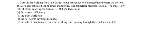 4. Water is the working fluid in a Carnot vapor power cycle. Saturated liquid enters the boiler at 16 MPa, and saturated vapo