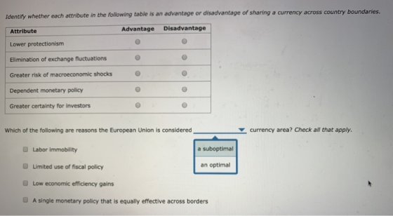 Identify whether each attribute in the following table is an advantage or disadvantage of sharing a currency across country b