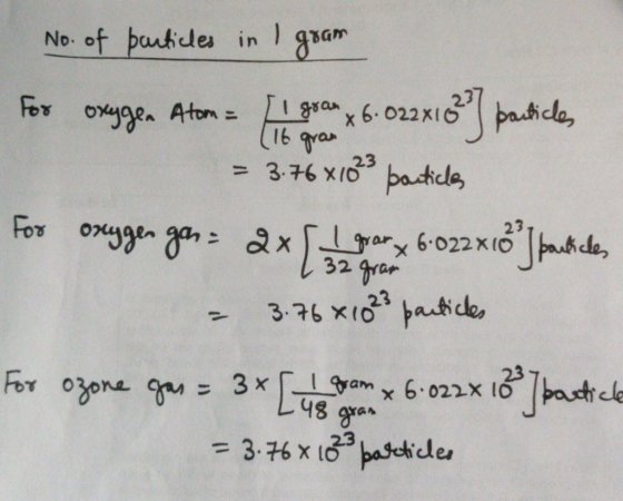 No. asam o ONA No. of particles in I gram for oxygen Atom= 1 ora 1. 02x13 ] particles = 3.76x1023 particles For oxyger gan= a