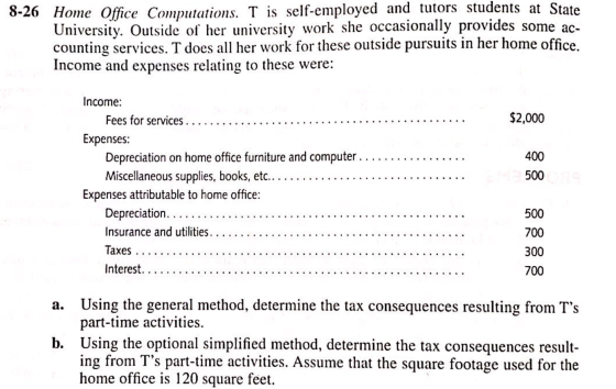 8-26 Home Office Computations. T is self-employed and tutors students at State University. Outside of her university work she