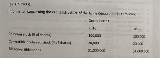 babam Q3 (15 marks). robots Information concerning the capital structure of the Acme Corporation is as follows: 151 S o us De