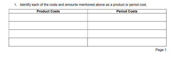 1. Identify each of the costs and amounts mentioned above as a product or period cost. Product Costs Period Costs Page 1