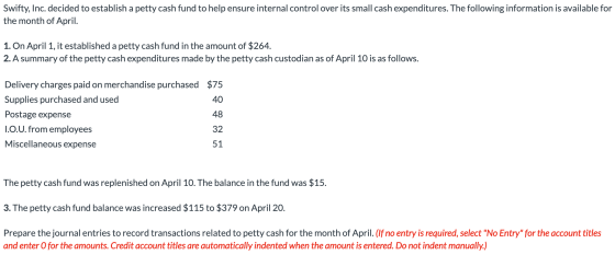 Swifty, Inc. decided to establish a petty cash fund to help ensure internal control over its small cash expenditures. The fol
