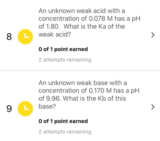 An unknown weak acid with a concentration of 0.078 M has a pH of 1.80. What is the Ka of the weak acid? O of 1 point earned 2