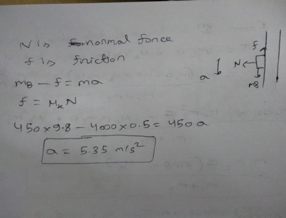 Nis for normal force f is friction auto mg - fama f = MAN 450x9.8 - 4ooo x 0.5=450 a a= 5.35 m/s²