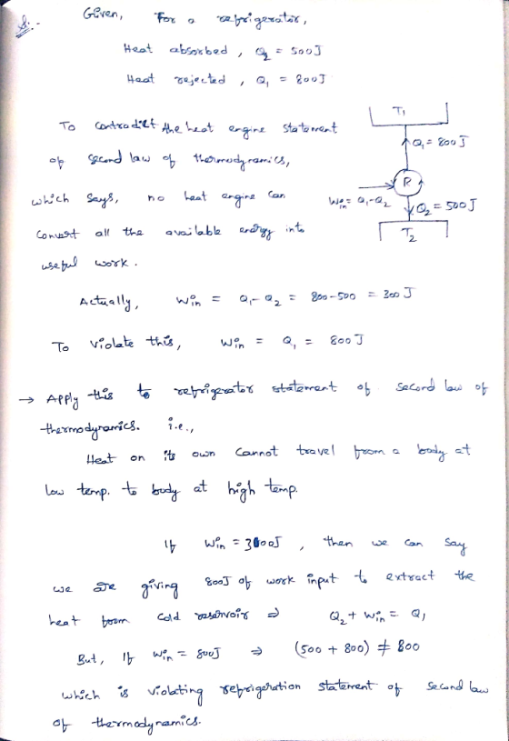 Giren, for a refrigerator, Heat absorbed , a = 500] Heat rejected , Q = good To contradict the heat engine statement - 2005 Y