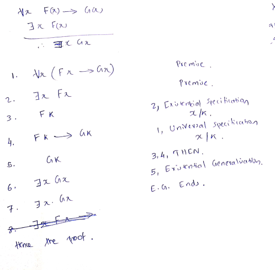 GK) Nx F(X) - Zx F(M) i Ecar Premise. G2) premise. rj 2 1. Ve (Fr Ix Fr 3. FK Fk ak 5. GR 6. Jx GX Existential Specification