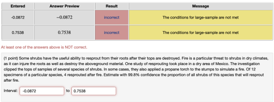 Entered Answer Preview Result Message -0.0872 -0.0872 incorrect The conditions for large-sample are not met 0.7538 0.7538 inc