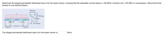 Determine the largest permissible distributed load w for the beam shown, knowing that the allowable normal stress is +80 MPa in tension and -100 MPa in compression. Round the final answer to one decimal place.) 60 mm t0 20 mm 02 m 0.2 m kN/m The largest permissible distributed load w for the beam shown is