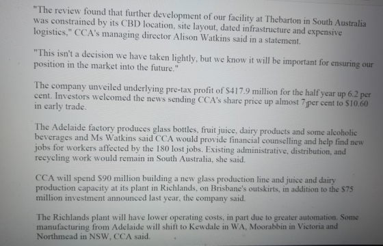 The review found that further development of our facility at Thebarton in South Australia was constrained by its CBD locatio