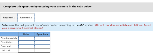 Complete this question by entering your answers in the tabs below. Required 1 Required 2 Determine the unit product cost of e