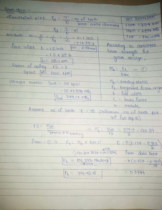 unit conversion Tinch = 25.4 mm kpsi = 6.894 MPa 746 watts module - T 10 Given data :- diametxical pitch Pd - I - no of teeth