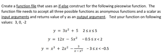 Create a function file that uses an if-else construct for the following piecewise function. The function file needs to accept