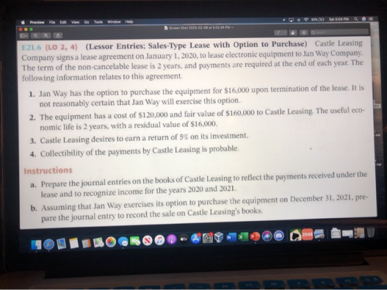 File Edit Preview View Go Tools Window + Q Help C Sat 504 PM Qe Screen Shot 2020-02-08 5.02.45 PM E21.6 (LO 2, 4) (Lessor Ent
