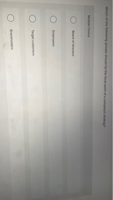 Which of the following groups should be the focal point of a companys strategy? Multiple Choice Board of directors Employees