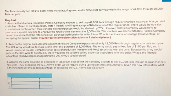 The Rets normally sell for $48 each. Fixed manufacturing overhead is $350,000 per year within the range of 42,000 through 50,