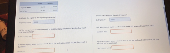 Liabes Assets Begiing of e 25000 S100 s26,000 End of Year 2) What is the equity at the end of the yearh 1) What is the equity