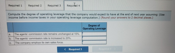 Required 1 Required 2 Required 3 Requided 4 Compute the degree of operating leverage that the company would expect to have at