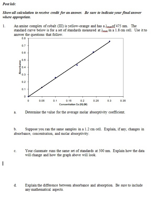 Post lab: Show all calculation to receive credit for an answer. Be sure to indicate your final answer where appropriate. 1. A