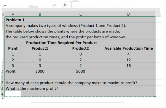 fx Problem 1 A company makes two types of windows (Product 1 and Product 2). The table below shows the plants where the produ