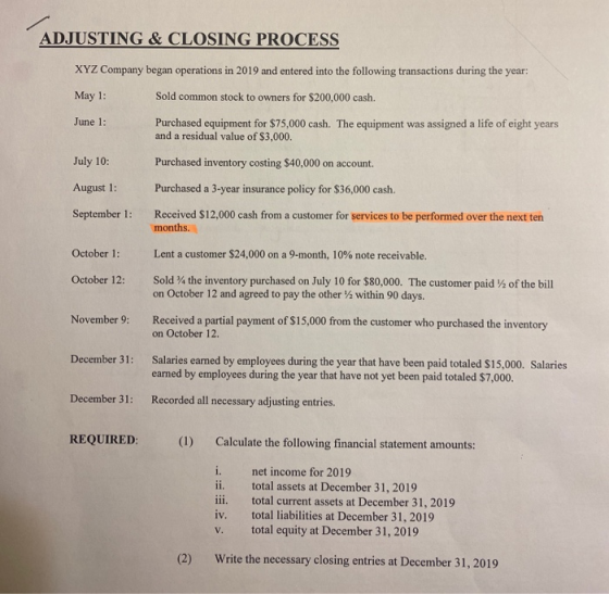 ADJUSTING & CLOSING PROCESS XYZ Company began operations in 2019 and entered into the following transactions during the year: