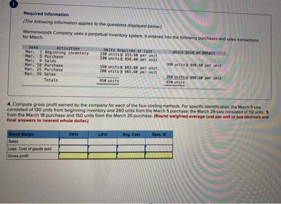 Required information [The following information applies to the questions displayed below.) Warnerwoods Company uses a perpetu