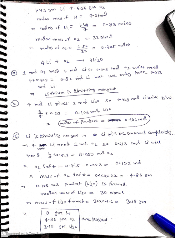 po ug gm Li + 6.56gm oz molar mass of Li= 79 mal a moles of Li = 1049 = 0-713 miles molar mass of o2 = 325ml a males of 02= 6