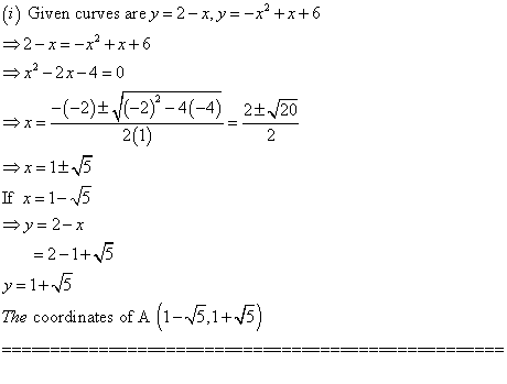 x= 2 (i) Given curves are y=2-xy=-x2+x+6 2-xr-x2+x+6 =x2-2x-4 = 0 -(-2)/(-2)*-4(-4)_27220 2(1) =x=1+25 If x=1-15 > y= 2- x =