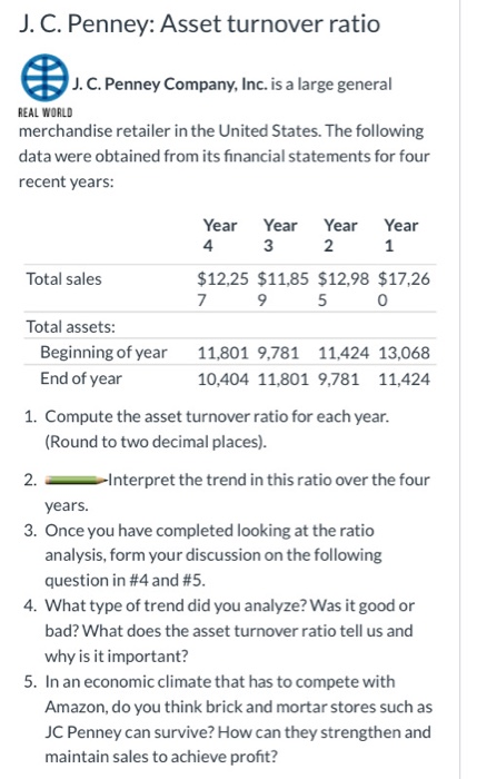 J. C. Penney: Asset turnover ratio J. C. Penney Company, Inc. is a large general REAL WORLD merchandise retailer in the Unite