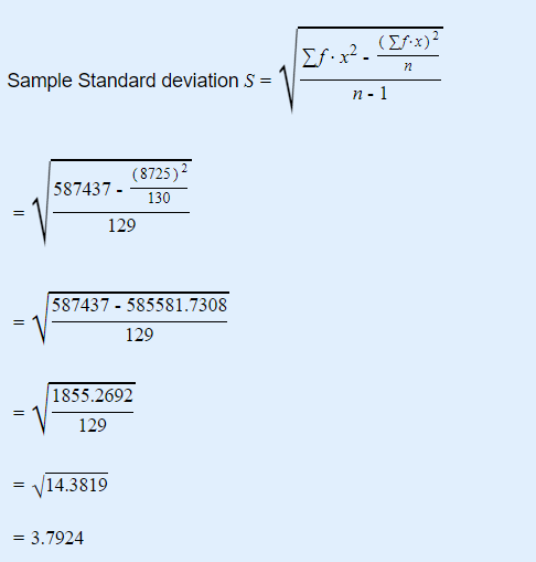 Σ.χ. (ΣΣ): Sample Standard deviation S = V- η - 1 527437 (125 129 13 = 587437 - 585581.7308 129 1855.2692 129 = 14.3819 = 3.7