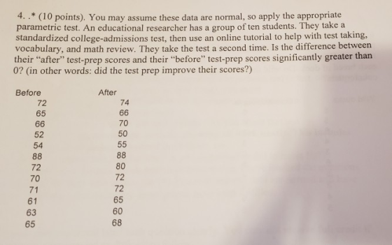 4.. (10 points). You may assume these data are normal, so apply the appropriate parametric test. An educational researcher ha