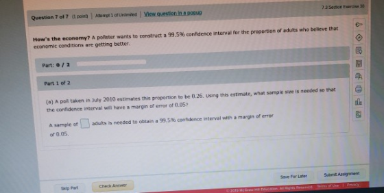 Question 7 of 7 point tempt of UnledView question in a popup 7 3 Section Exeros 30 Hows the economy? A pollster wants to con